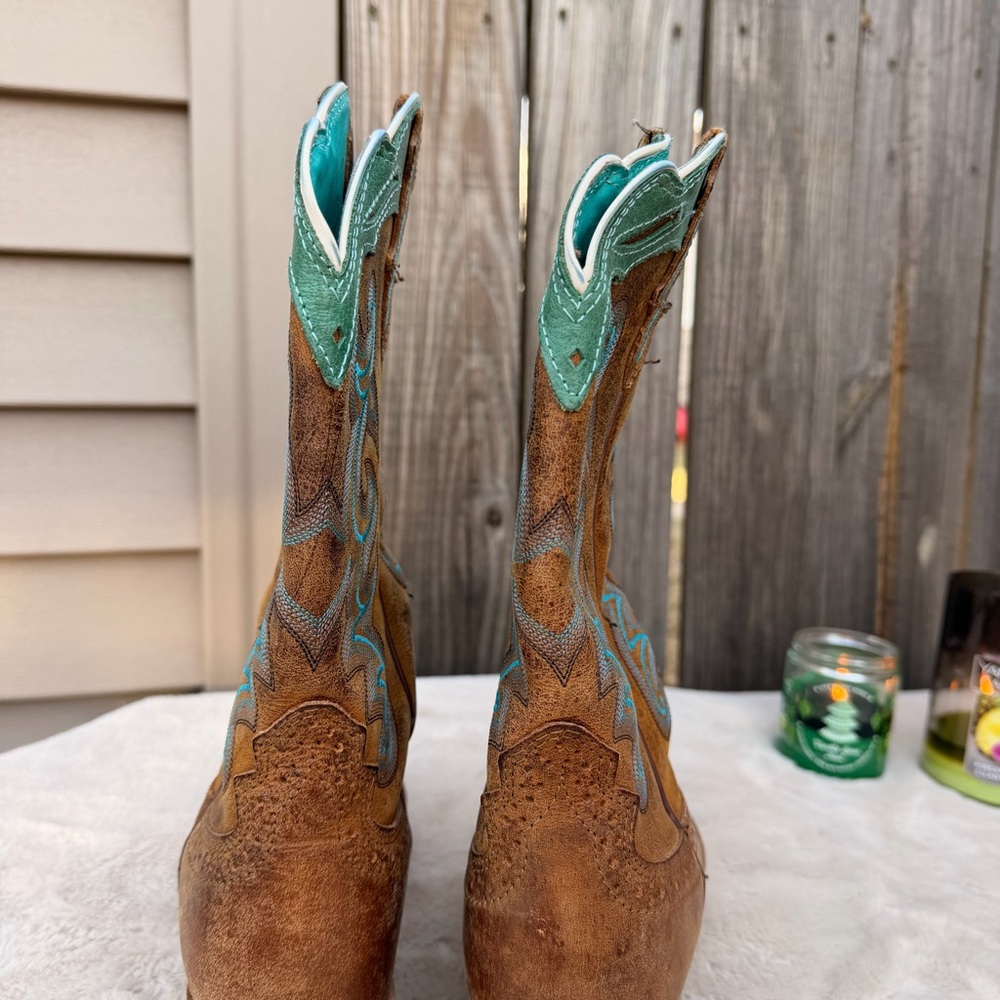Justin Sevana Tan Western Cowboy Turquoise Brown Leather Boots Size 8.5 - Picture 5 of 11